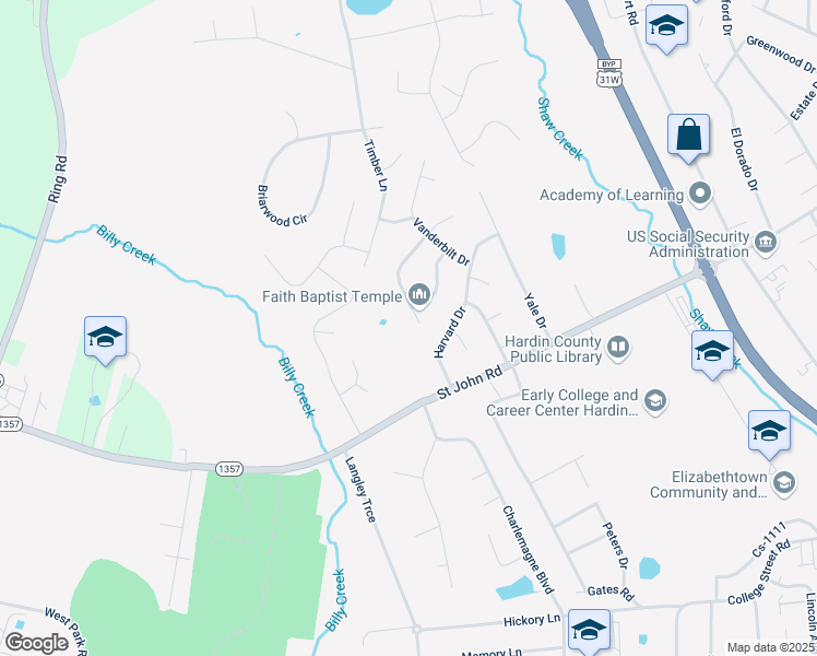map of restaurants, bars, coffee shops, grocery stores, and more near 629B Princeton Drive in Elizabethtown