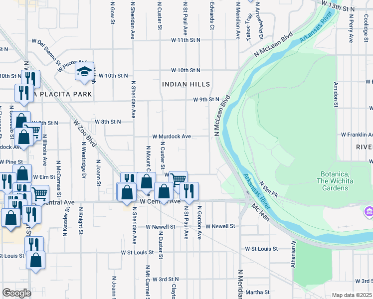 map of restaurants, bars, coffee shops, grocery stores, and more near 774 N St Paul St in Wichita