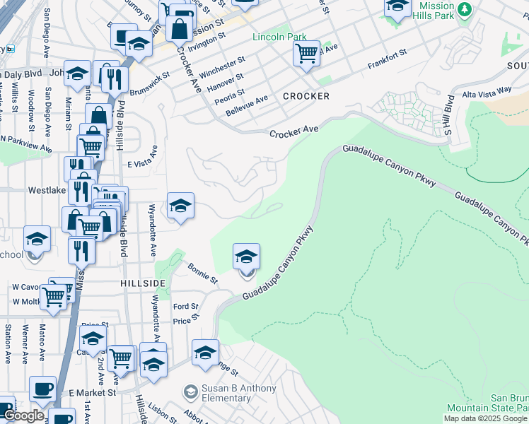 map of restaurants, bars, coffee shops, grocery stores, and more near 755 Mountain View Drive in Daly City