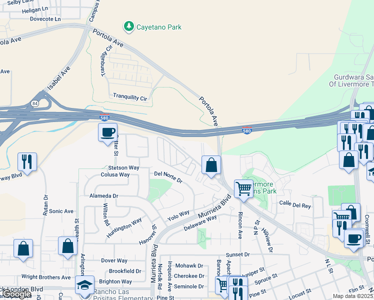 map of restaurants, bars, coffee shops, grocery stores, and more near 1186 Vía Cristobal in Livermore