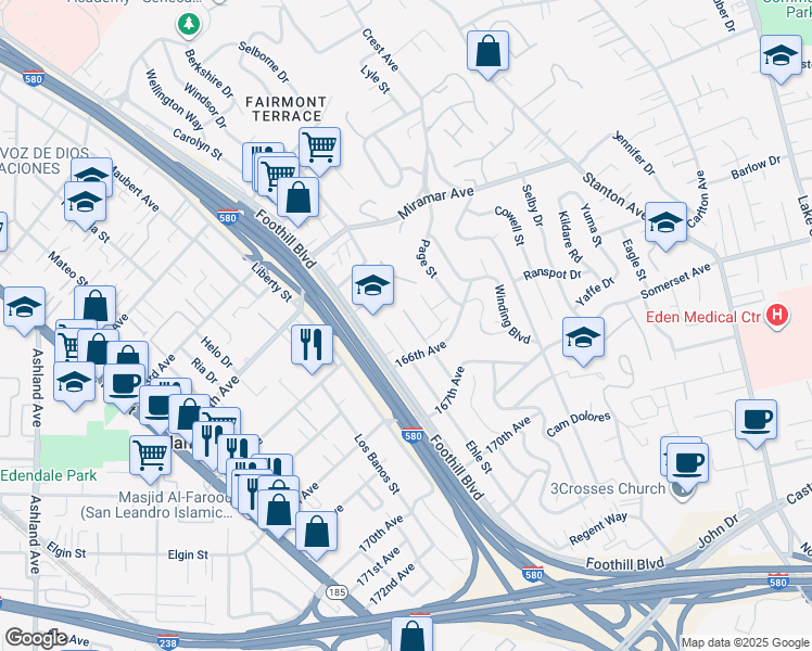 map of restaurants, bars, coffee shops, grocery stores, and more near 16543 Hannah Drive in San Leandro