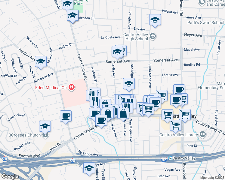 map of restaurants, bars, coffee shops, grocery stores, and more near 20139 Anita Avenue in Castro Valley