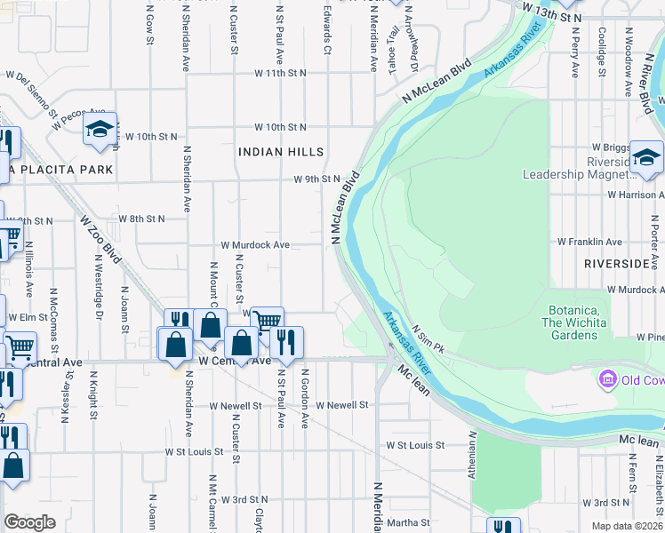 map of restaurants, bars, coffee shops, grocery stores, and more near 777 North Mc Lean Boulevard in Wichita