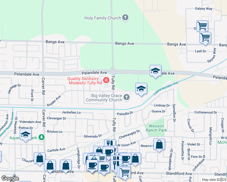 map of restaurants, bars, coffee shops, grocery stores, and more near Tully Rd & Snyder Ave in Modesto