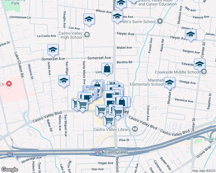 map of restaurants, bars, coffee shops, grocery stores, and more near 3612 Jamison Way in Castro Valley