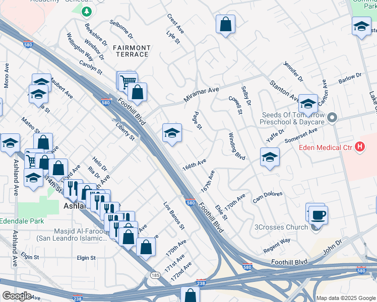 map of restaurants, bars, coffee shops, grocery stores, and more near 16543 Hannah Drive in San Leandro