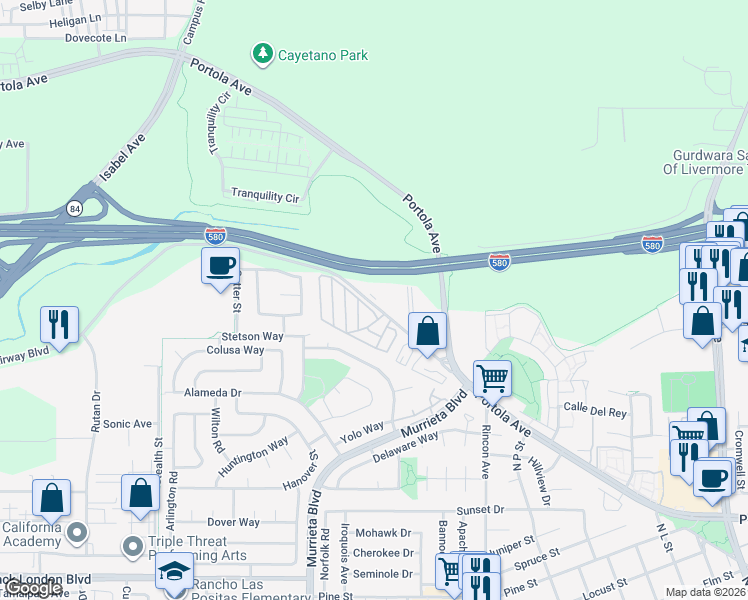 map of restaurants, bars, coffee shops, grocery stores, and more near 1279 Vía Jose in Livermore
