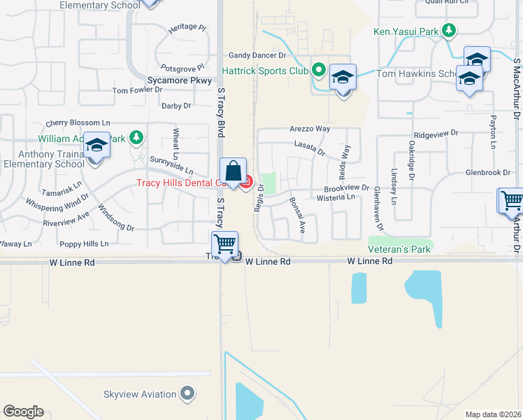 map of restaurants, bars, coffee shops, grocery stores, and more near 4612 Regis Drive in Tracy