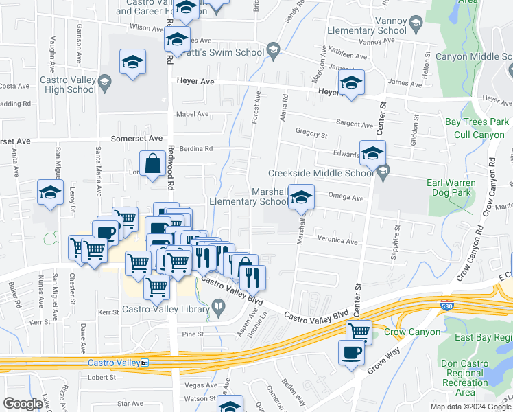 map of restaurants, bars, coffee shops, grocery stores, and more near 20224 Forest Avenue in Castro Valley