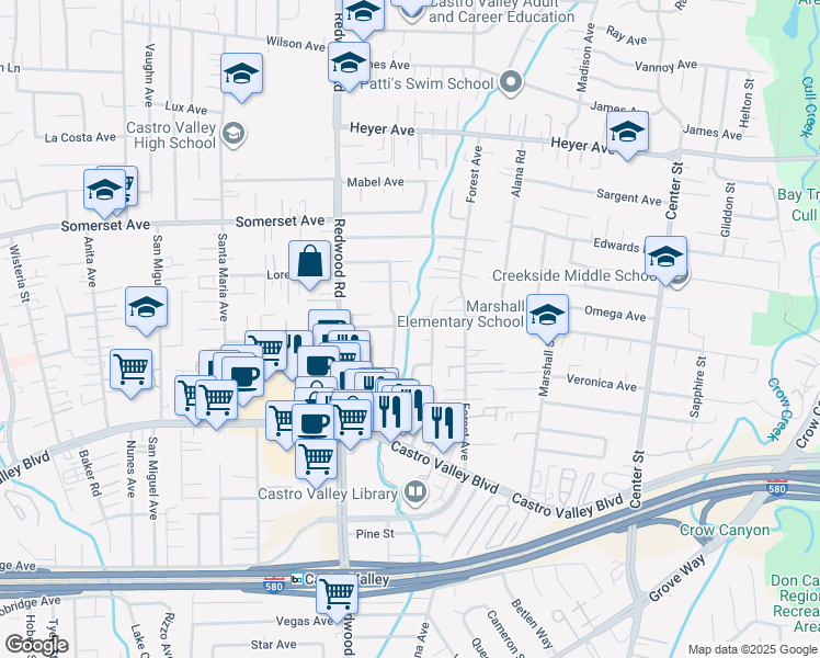 map of restaurants, bars, coffee shops, grocery stores, and more near 20204 Catalina Drive in Castro Valley