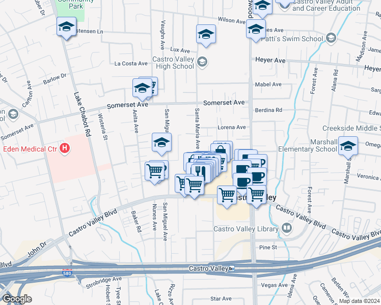 map of restaurants, bars, coffee shops, grocery stores, and more near in Castro Valley