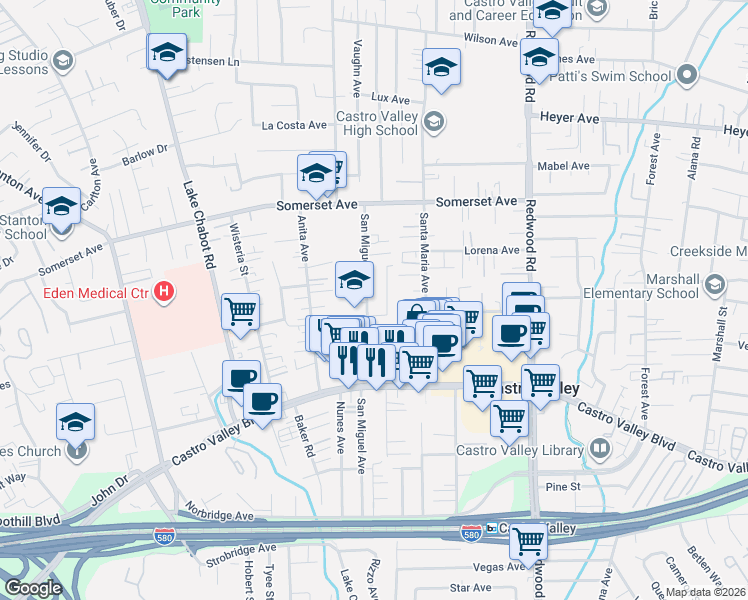 map of restaurants, bars, coffee shops, grocery stores, and more near 3324 Jeanine Way in Castro Valley