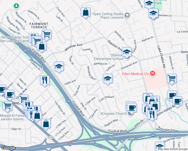 map of restaurants, bars, coffee shops, grocery stores, and more near 16735 Winding Boulevard in San Leandro