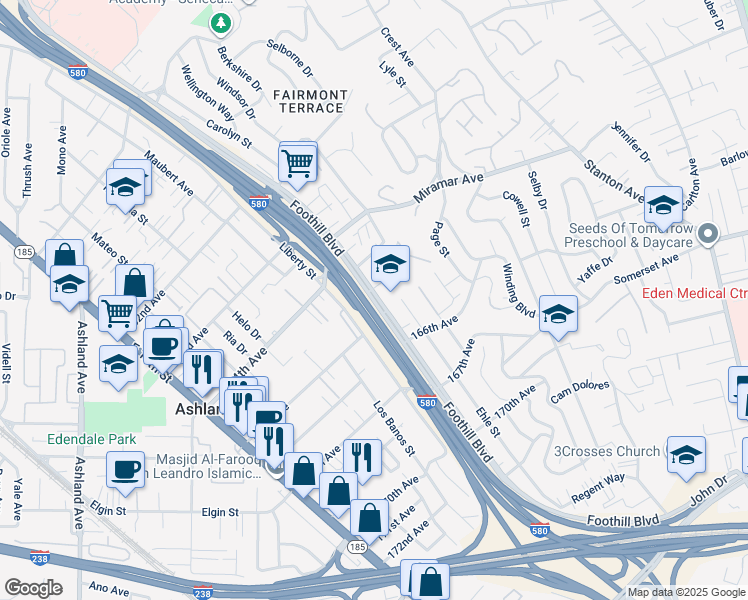 map of restaurants, bars, coffee shops, grocery stores, and more near 16492 Foothill Boulevard in San Leandro