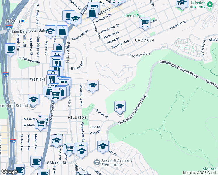map of restaurants, bars, coffee shops, grocery stores, and more near 535 Mountain View Drive in Daly City