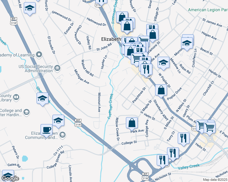 map of restaurants, bars, coffee shops, grocery stores, and more near 199 Utah Ct in Elizabethtown