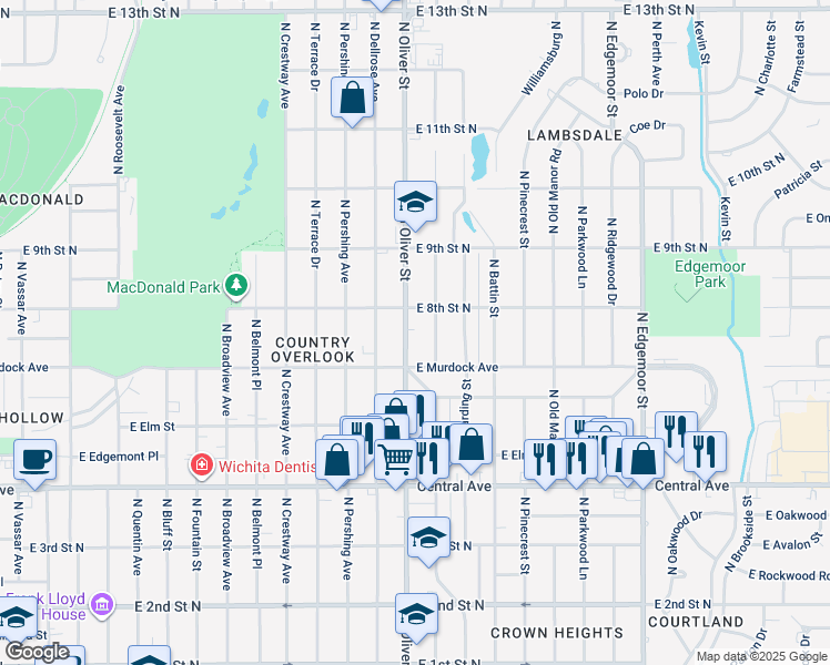 map of restaurants, bars, coffee shops, grocery stores, and more near 804 North Glendale Street in Wichita