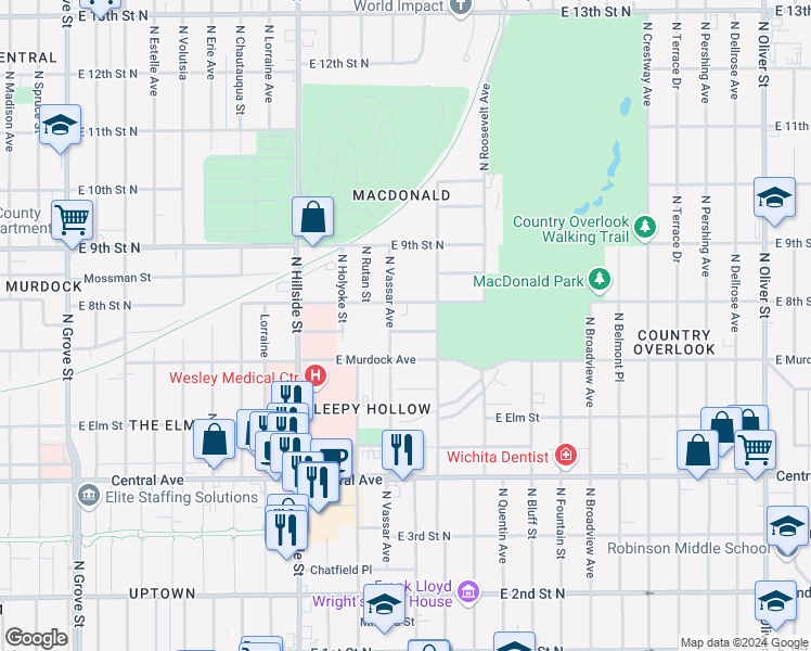 map of restaurants, bars, coffee shops, grocery stores, and more near 3440 East Murdock Street in Wichita