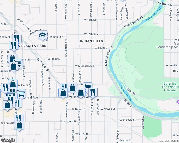 map of restaurants, bars, coffee shops, grocery stores, and more near 768 North Custer Street in Wichita