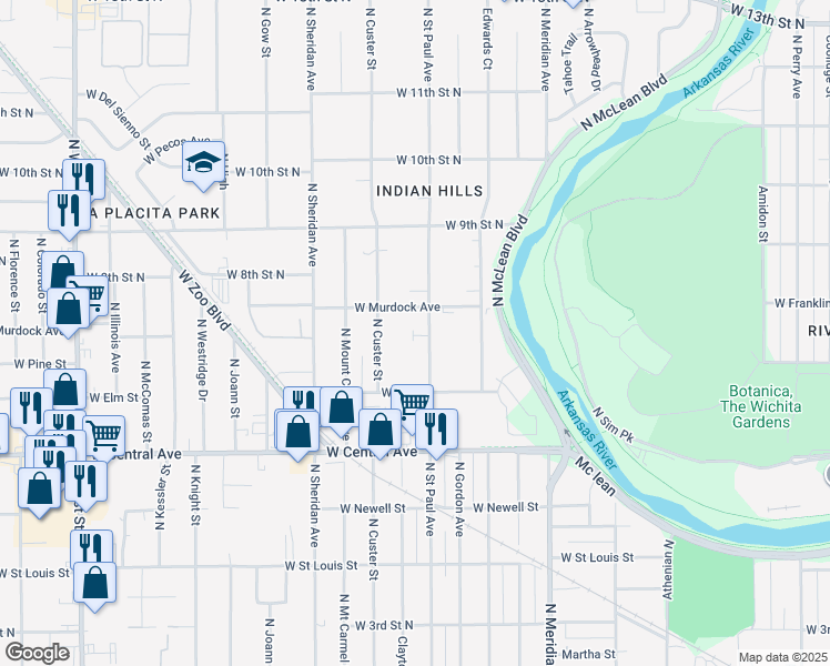 map of restaurants, bars, coffee shops, grocery stores, and more near 768 North Custer Street in Wichita