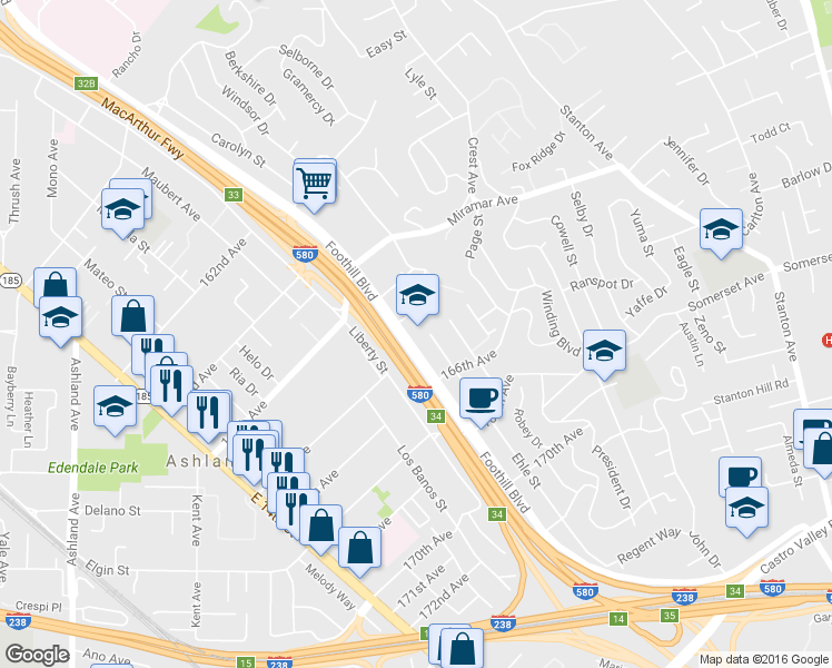 map of restaurants, bars, coffee shops, grocery stores, and more near 16492 Foothill Boulevard in San Leandro