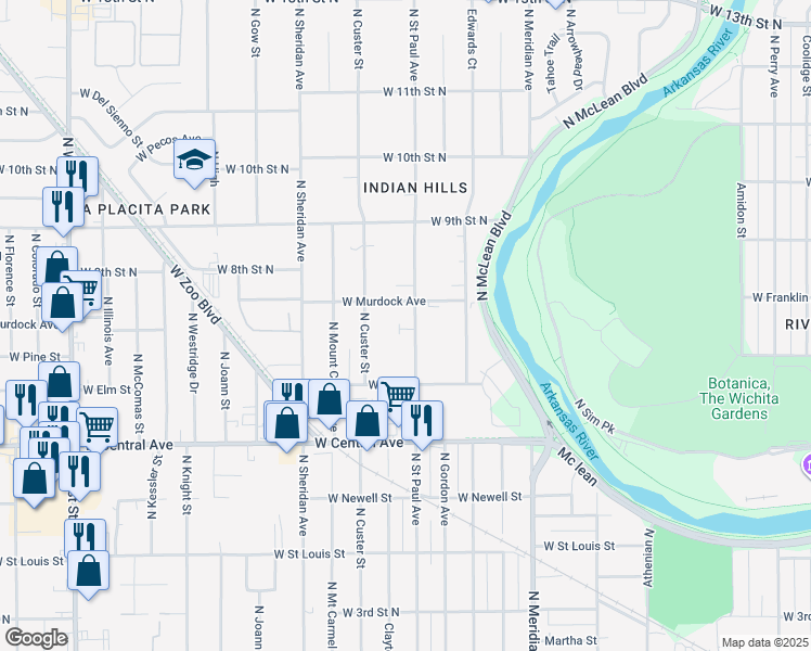 map of restaurants, bars, coffee shops, grocery stores, and more near 768 North Custer Street in Wichita