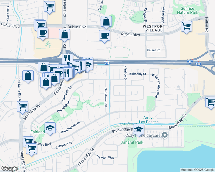 map of restaurants, bars, coffee shops, grocery stores, and more near 3509 Gulfstream Street in Pleasanton