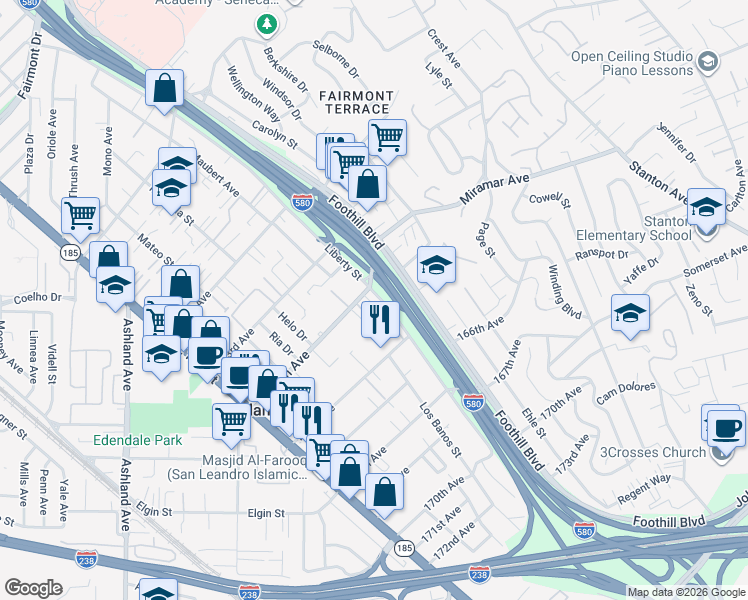 map of restaurants, bars, coffee shops, grocery stores, and more near 1626 164th Avenue in San Leandro