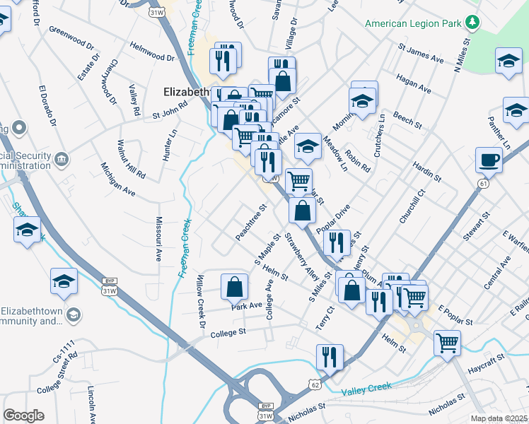 map of restaurants, bars, coffee shops, grocery stores, and more near 111 Peachtree Street in Elizabethtown