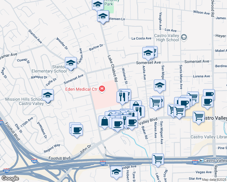 map of restaurants, bars, coffee shops, grocery stores, and more near 20055 Lake Chabot Road in Castro Valley