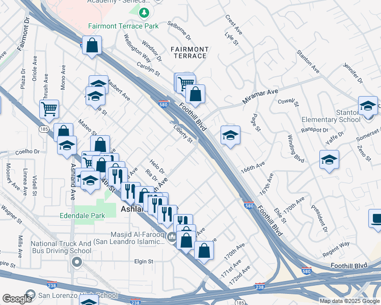 map of restaurants, bars, coffee shops, grocery stores, and more near 1701 164th Avenue in San Leandro