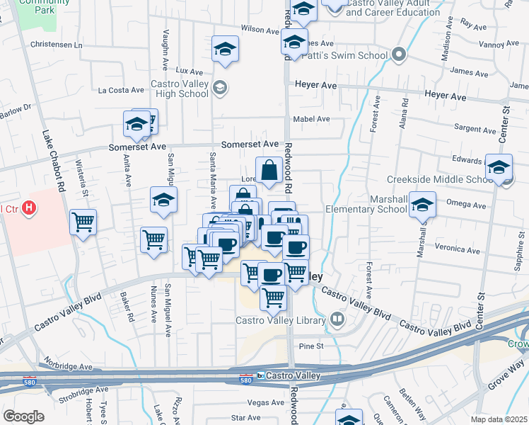 map of restaurants, bars, coffee shops, grocery stores, and more near 3600 Aires Court in Castro Valley