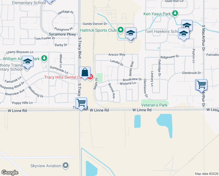 map of restaurants, bars, coffee shops, grocery stores, and more near 4608 Bonsai Avenue in Tracy