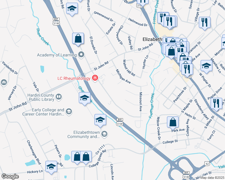map of restaurants, bars, coffee shops, grocery stores, and more near 551 Westport Road in Elizabethtown