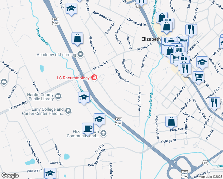 map of restaurants, bars, coffee shops, grocery stores, and more near 551 Westport Road in Elizabethtown