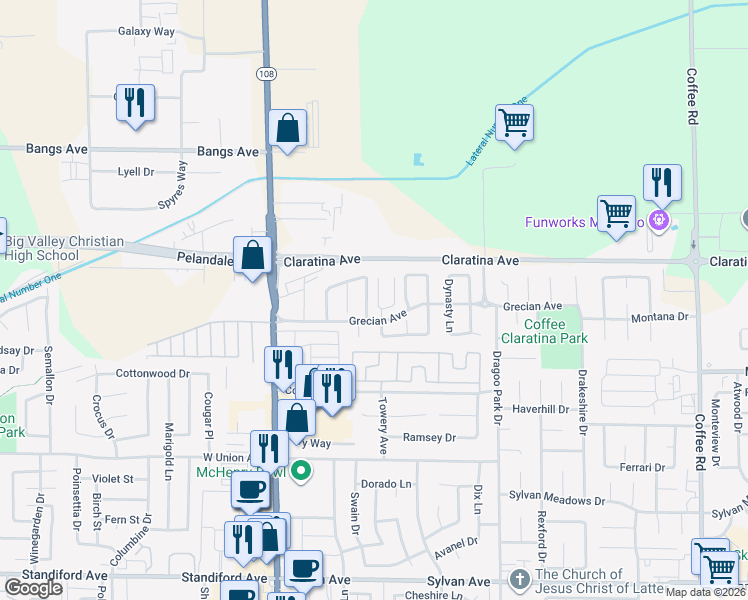 map of restaurants, bars, coffee shops, grocery stores, and more near 4216 Gabriel Way in Modesto
