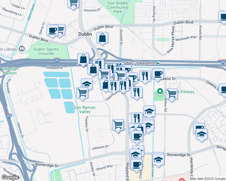 map of restaurants, bars, coffee shops, grocery stores, and more near 5102 Hopyard Road in Pleasanton