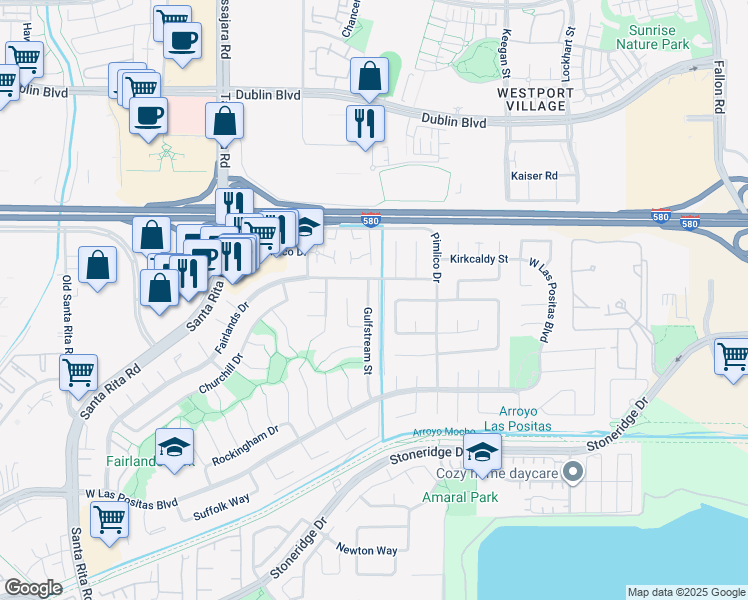 map of restaurants, bars, coffee shops, grocery stores, and more near 3509 Gulfstream Street in Pleasanton