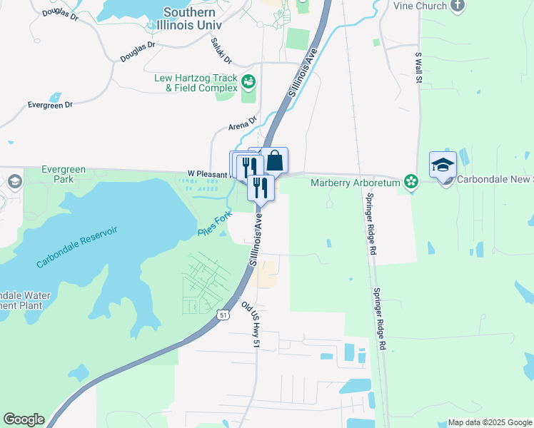 map of restaurants, bars, coffee shops, grocery stores, and more near 1941 South Illinois Avenue in Carbondale