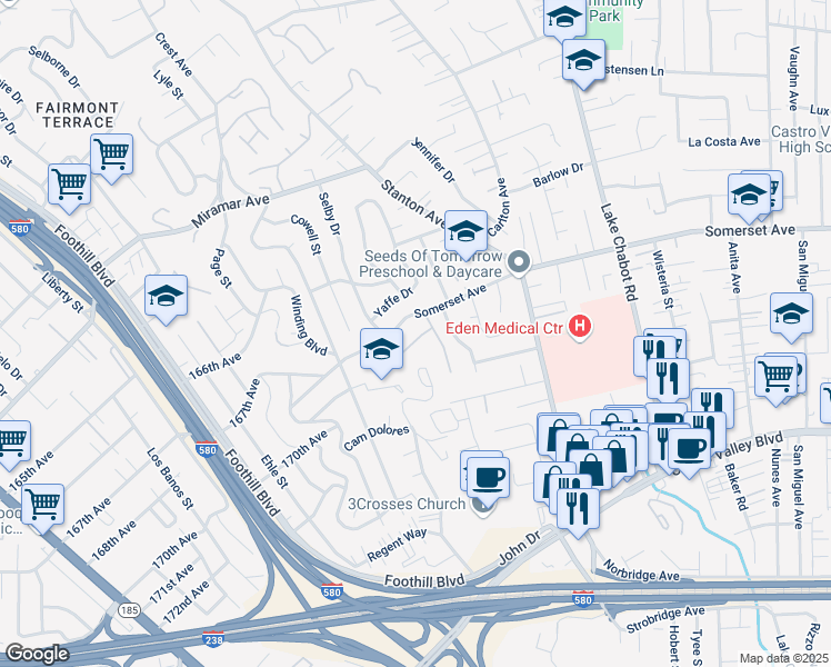 map of restaurants, bars, coffee shops, grocery stores, and more near 19808 John Drive in Castro Valley
