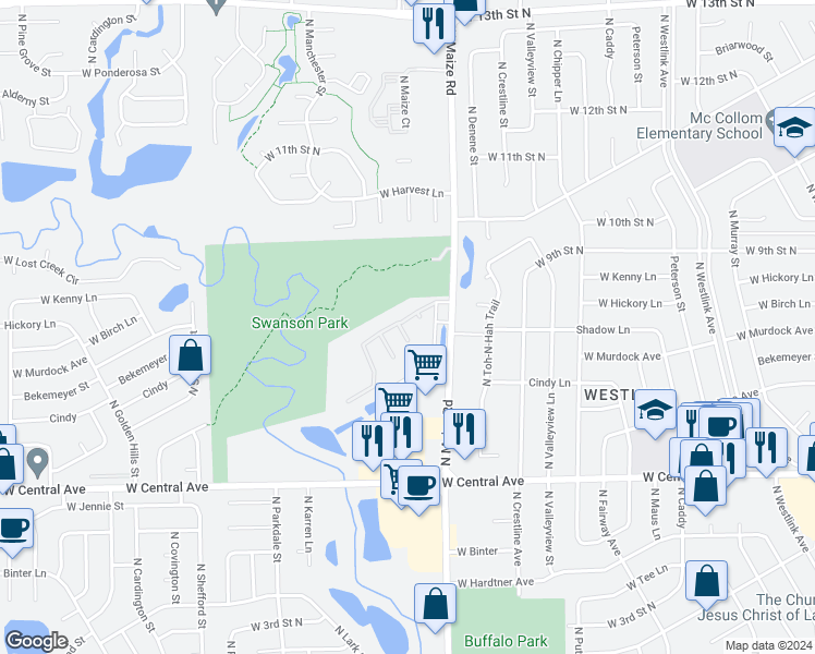 map of restaurants, bars, coffee shops, grocery stores, and more near 909 North Maize Road in Wichita