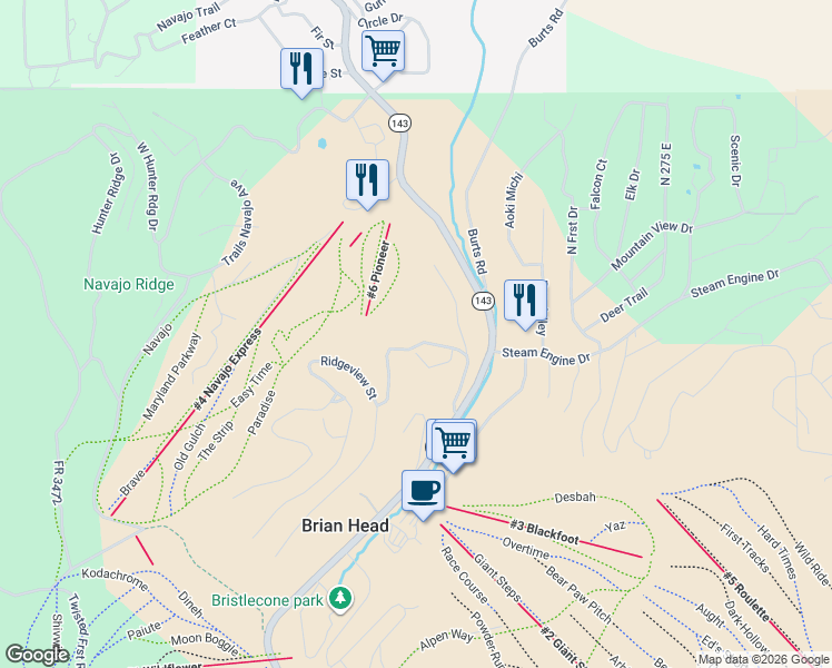 map of restaurants, bars, coffee shops, grocery stores, and more near 450 Ridgeview St in Brian Head