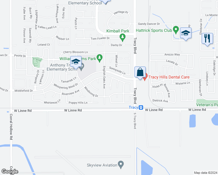 map of restaurants, bars, coffee shops, grocery stores, and more near 4519 Twin Creeks Court in Tracy