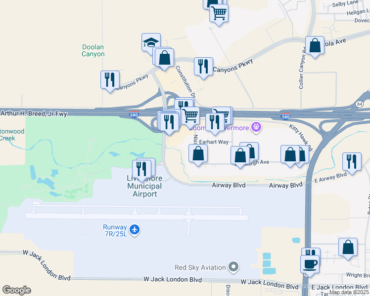 map of restaurants, bars, coffee shops, grocery stores, and more near 2310 Nissen Drive in Livermore