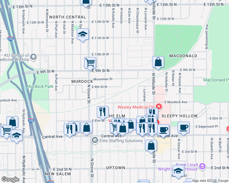 map of restaurants, bars, coffee shops, grocery stores, and more near 2621 E Orchard St in Wichita
