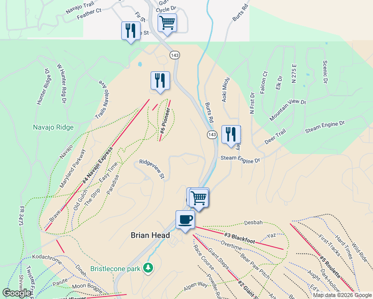 map of restaurants, bars, coffee shops, grocery stores, and more near 450 Ridgeview St in Brian Head