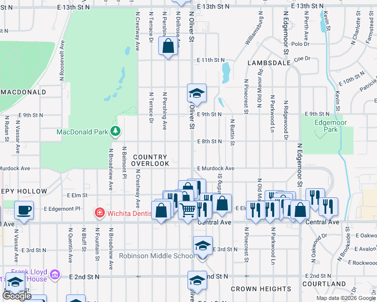 map of restaurants, bars, coffee shops, grocery stores, and more near 819 North Oliver Street in Wichita