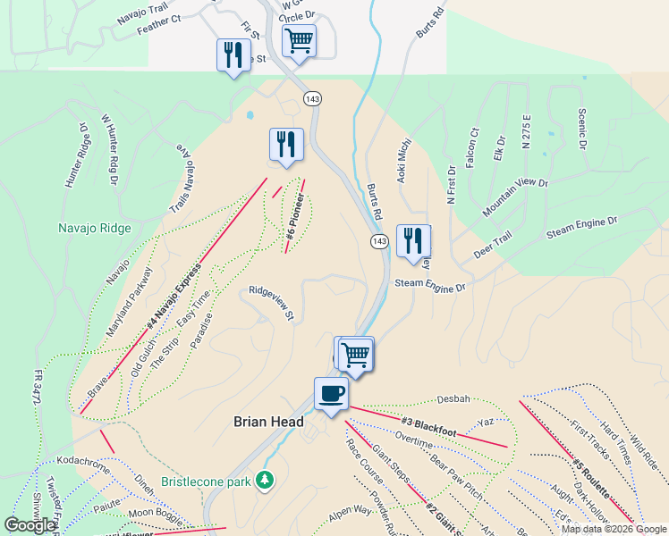 map of restaurants, bars, coffee shops, grocery stores, and more near 450 Ridgeview St in Brian Head