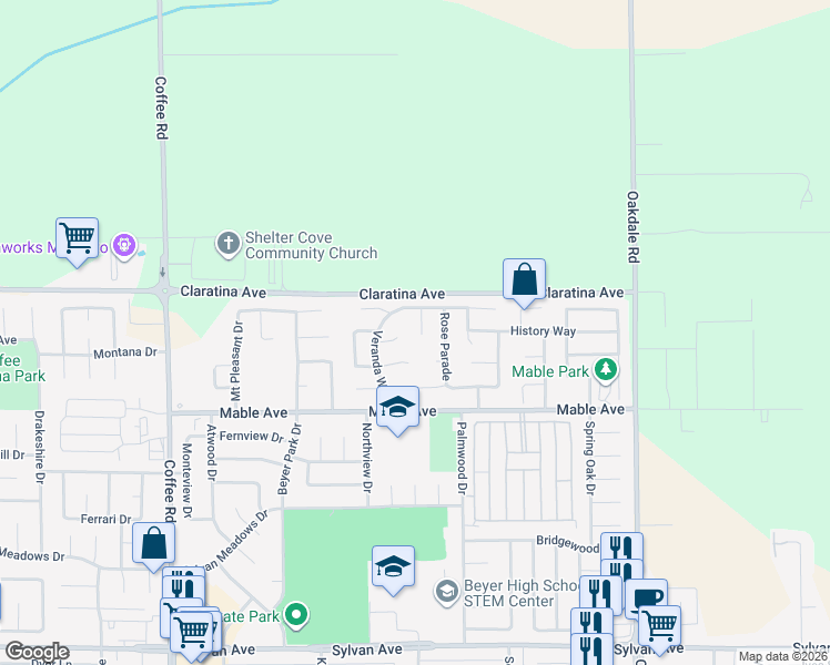 map of restaurants, bars, coffee shops, grocery stores, and more near 1705 Trellis Court in Modesto