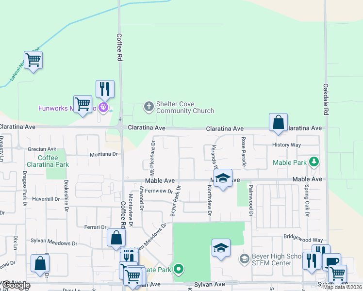 map of restaurants, bars, coffee shops, grocery stores, and more near 1513 Circa Drive in Modesto